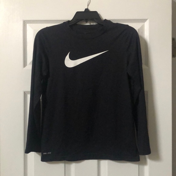 Nike Dri-Fit long sleeve youth tee shirt. Black with white swoosh logo. Good. - Picture 1 of 5